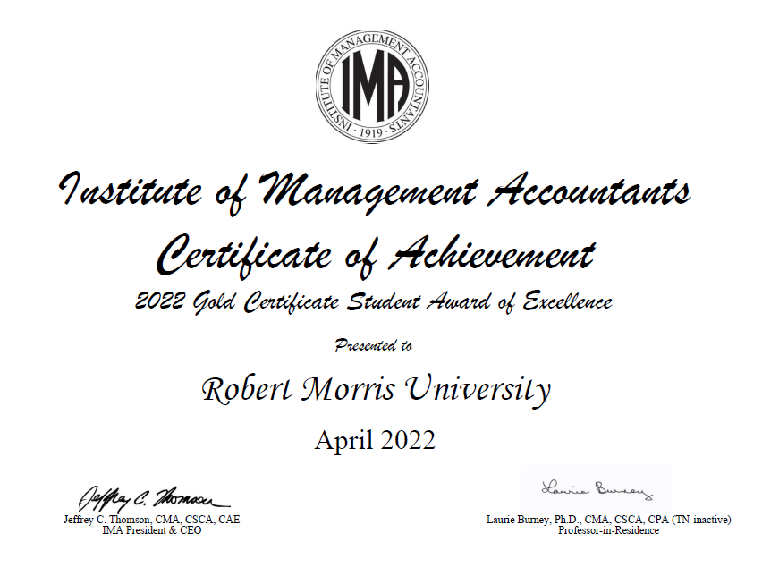 IMA Award of Excellence Robert Morris University